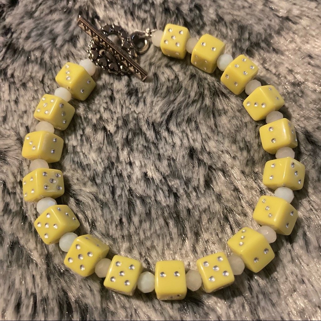 New Bright Yellow Lucite Dice Casino Bracelet W/ White Cut Faceted Glass Accents